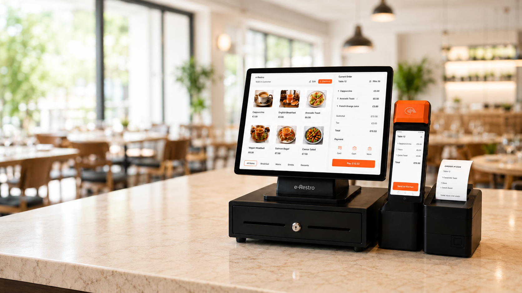 e-Restro POS terminal, handheld, receipt printer and cash drawer